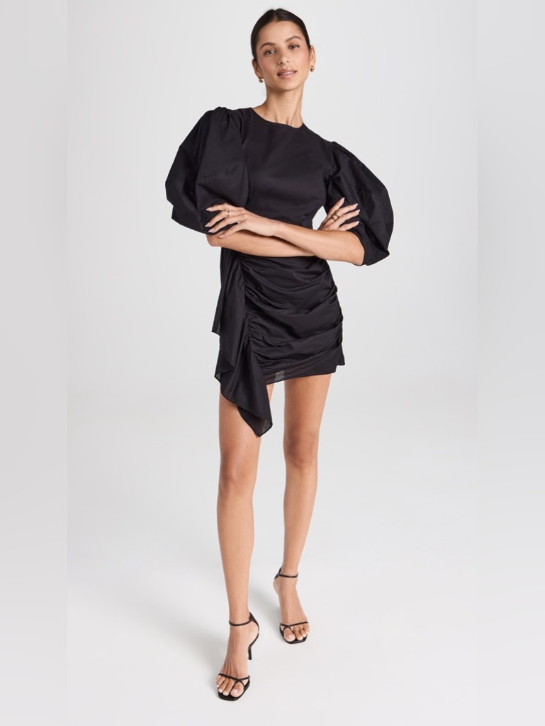 Rhode 100% Cotton Black Puff-Sleeve Ruched Asymmetric Mini Dress